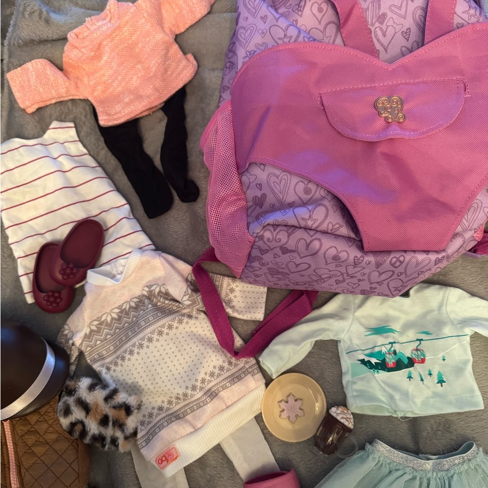 Our Generation Hop On doll backpack, clothing, and accessory lot